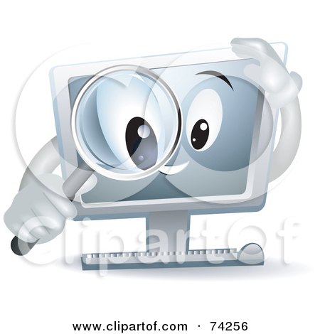 Royalty-Free (RF) Clipart Illustration of a Computer Character Searching With A Magnifying Glass by BNP Design Studio