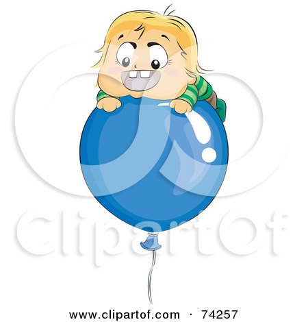 Royalty-Free (RF) Clipart Illustration of a Baby Boy Floating On Top Of A Blue Balloon by BNP Design Studio