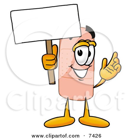 Clipart Picture of a Bandaid Bandage Mascot Cartoon Character Holding a Blank Sign by Mascot Junction