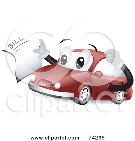Royalty-Free (RF) Clipart Illustration of a Red Car Character Holding A Mechanic Bill by BNP Design Studio