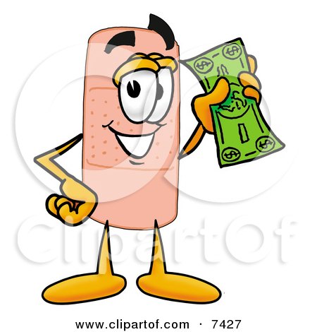 Clipart Picture of a Bandaid Bandage Mascot Cartoon Character Holding a Dollar Bill by Mascot Junction