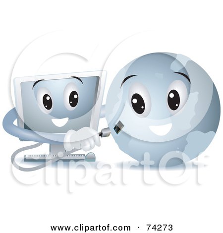 Royalty-Free (RF) Clipart Illustration of a Computer Character Connecting To A Globe by BNP Design Studio