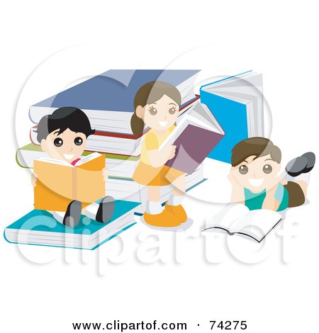 Royalty-Free (RF) Clipart Illustration of a Group Of School Kids Reading Books By Large Books by BNP Design Studio