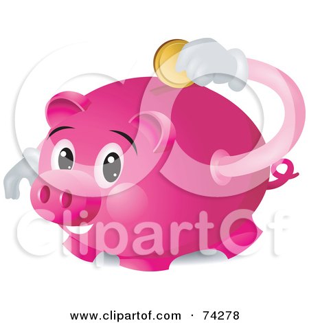 Royalty-Free (RF) Clipart Illustration of a Pink Piggy Bank Character Inserting A Coin by BNP Design Studio