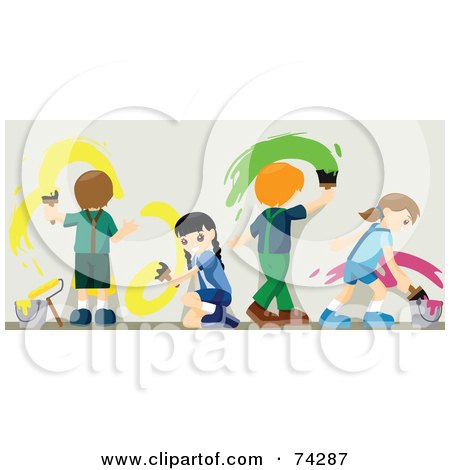 Royalty-Free (RF) Clipart Illustration of Four Children Painting A Wall With Bright Paint by BNP Design Studio