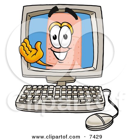 Clipart Picture of a Bandaid Bandage Mascot Cartoon Character Waving From Inside a Computer Screen by Mascot Junction