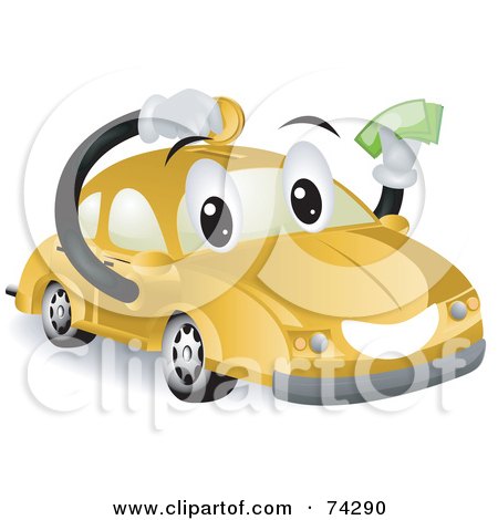 Royalty-Free (RF) Clipart Illustration of a Yellow Car Character Saving Money by BNP Design Studio