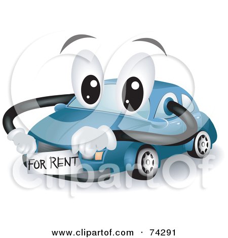 Royalty-Free (RF) Clipart Illustration of a Blue Car Character With A For Rent Sticker by BNP Design Studio