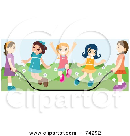 Royalty-Free (RF) Clipart Illustration of a Group Of Happy Girls Jumping Rope At Recess by BNP Design Studio
