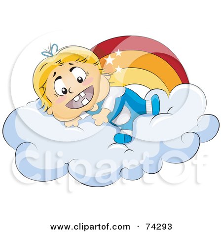 Royalty-Free (RF) Clipart Illustration of a Happy Baby On A Cloud Under A Rainbow by BNP Design Studio