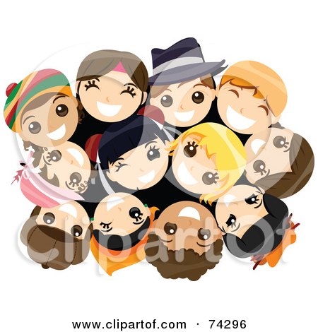 Royalty-Free (RF) Clipart Illustration of a Group Of Happy Children In A Huddle, Looking Up by BNP Design Studio