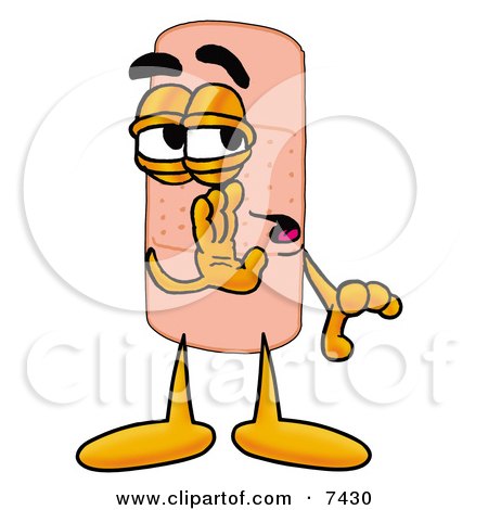 Clipart Picture of a Bandaid Bandage Mascot Cartoon Character Whispering and Gossiping by Mascot Junction