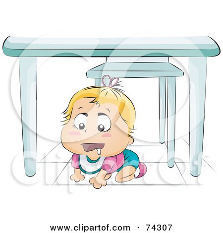 Royalty-Free (RF) Clipart Illustration of a Drooling Blond Baby Crawling Under A Table by BNP Design Studio