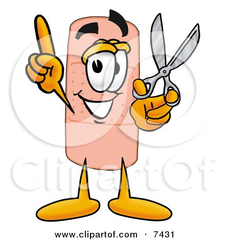 Clipart Picture of a Bandaid Bandage Mascot Cartoon Character Holding a Pair of Scissors by Mascot Junction