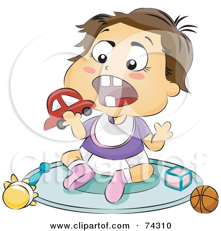 Royalty-Free (RF) Clipart Illustration of a Brunette Baby Trying To Eat A Toy Car by BNP Design Studio