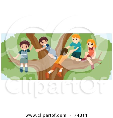 Royalty-Free (RF) Clipart Illustration of a Group Of Children Playing In A Large Tree by BNP Design Studio