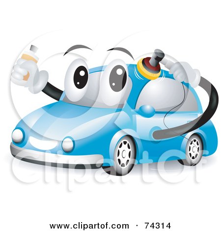 Royalty-Free (RF) Clipart Illustration of a Blue Car Character Polishing Itself by BNP Design Studio