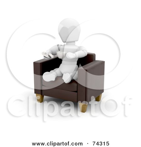 Royalty-Free (RF) Clipart Illustration of a 3d White Character Relaxing In A Chair With Coffee by KJ Pargeter