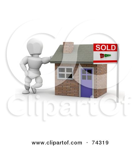 Royalty-Free (RF) Clipart Illustration of a 3d White Character Realtor Leaning By A Sold House by KJ Pargeter