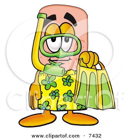 Clipart Picture of a Bandaid Bandage Mascot Cartoon Character in Green and Yellow Snorkel Gear by Mascot Junction