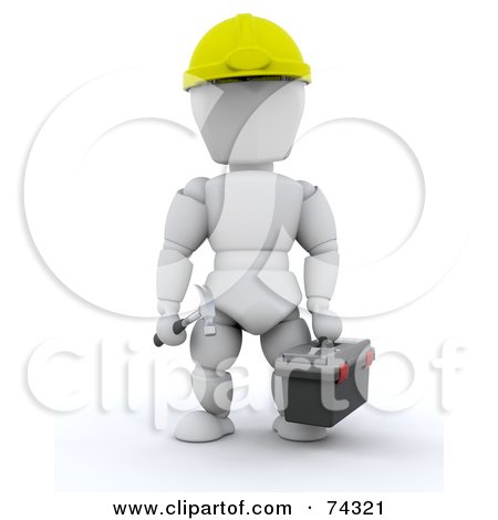 Royalty-Free (RF) Clipart Illustration of a 3d White Character Worker With Tools And A Hardhat by KJ Pargeter