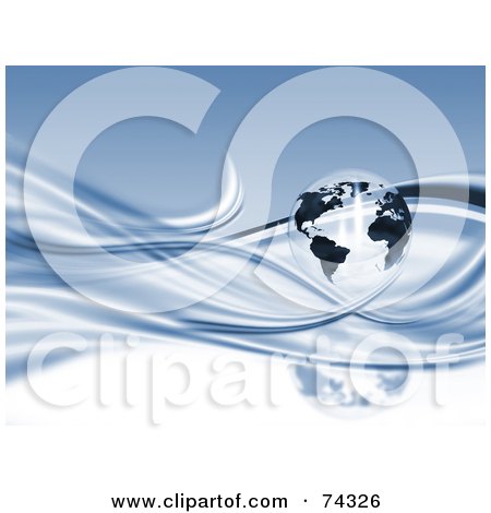 Royalty-Free (RF) Clipart Illustration of a Blue Background Of Waves And A Transparent Globe by KJ Pargeter