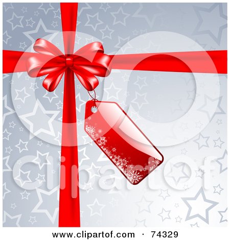 Royalty-Free (RF) Clipart Illustration of a Silver Starry Background With Red Ribbons And A Bow With A Blank Tag by KJ Pargeter