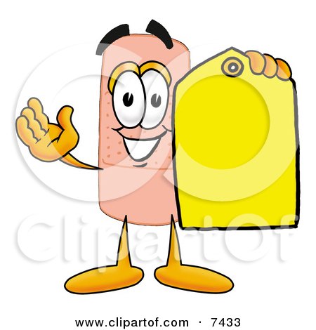 Clipart Picture of a Bandaid Bandage Mascot Cartoon Character Holding a Yellow Sales Price Tag by Mascot Junction
