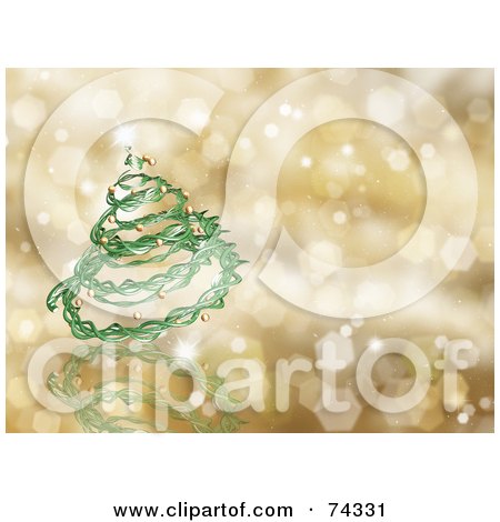 Royalty-Free (RF) Clipart Illustration of a Golden Christmas Background With A Green Spiral Tree And Sparkles by KJ Pargeter