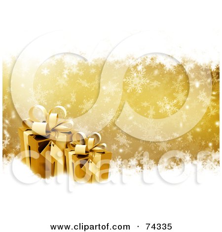 Royalty-Free (RF) Clipart Illustration of a Golden Snowflake Background With Christmas Presents And White Grunge by KJ Pargeter