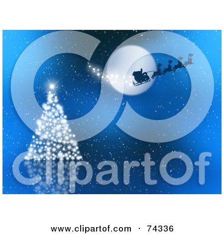 Royalty-Free (RF) Clipart Illustration of a Blue Christmas Background With Santas Sleigh Over A Sparkly Tree by KJ Pargeter