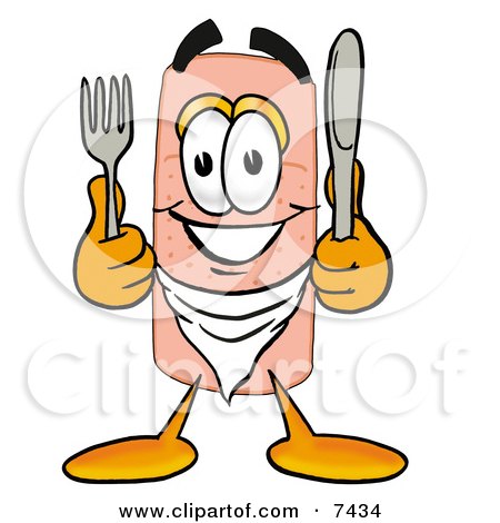 Clipart Picture of a Bandaid Bandage Mascot Cartoon Character Holding a Knife and Fork by Mascot Junction