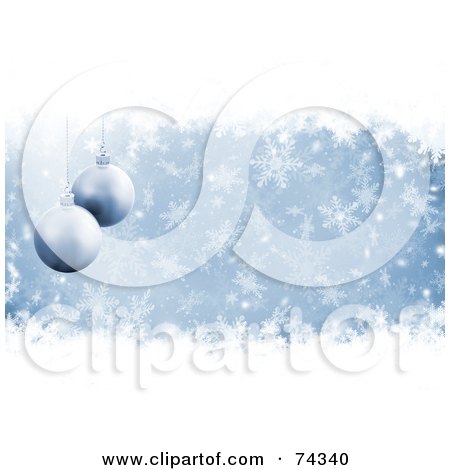 Royalty-Free (RF) Clipart Illustration of a Blue Wintry Christmas Background With Snowflakes And Blue Baubles by KJ Pargeter