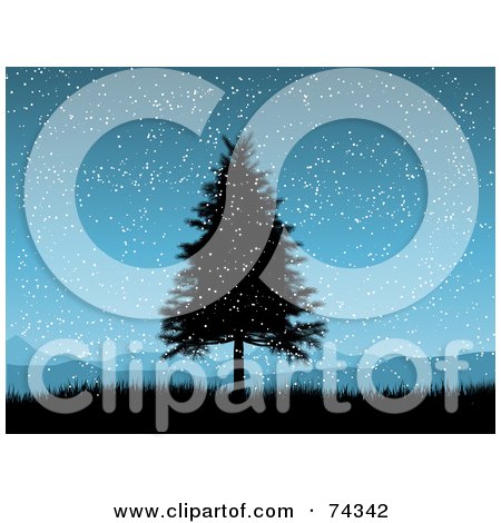 Royalty-Free (RF) Clipart Illustration of a Blue Christmas Background With A Black Silhouetted Tree In The Snow by KJ Pargeter
