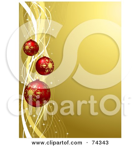 Royalty-Free (RF) Clipart Illustration of a Golden Christmas Background With Waves And Red Ornaments by KJ Pargeter