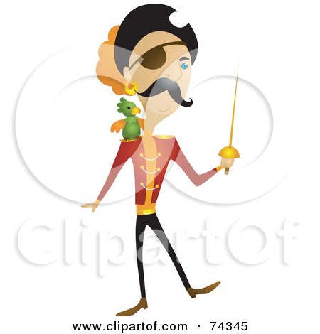 Royalty-Free (RF) Clipart Illustration of a Male Pirate With A Sword And Parrot by BNP Design Studio