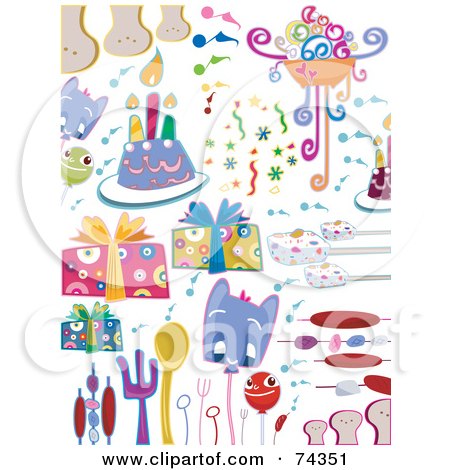 Royalty-Free (RF) Clipart Illustration of a Digital Collage Of Party Doodle Items On White by BNP Design Studio