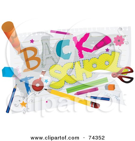 Royalty-Free (RF) Clipart Illustration of  School Supplies Writing Back To School On Paper by BNP Design Studio