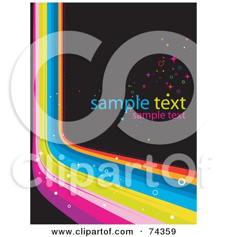 Royalty-Free (RF) Clipart Illustration of a Colorful Rainbow Curve With Sparkles And Sample Text On Black by BNP Design Studio