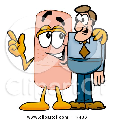 Clipart Picture of a Bandaid Bandage Mascot Cartoon Character Talking to a Business Man by Mascot Junction