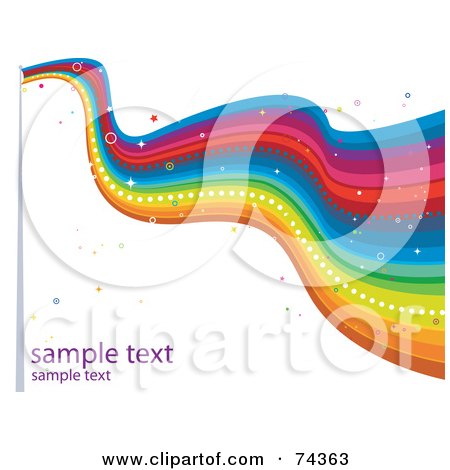 Royalty-Free (RF) Clipart Illustration of a Long Wavy Rainbow Flag With Sparkles And Sample Text On White by BNP Design Studio