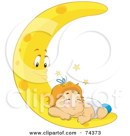 Royalty-Free (RF) Clipart Illustration of a Blond Baby Curled Up On A Crescent Moon by BNP Design Studio