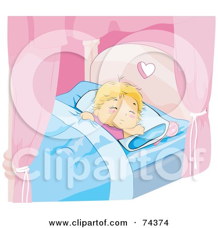 Royalty-Free (RF) Clipart Illustration of a Blond Baby Girl Sleeping In A Canopy Bed by BNP Design Studio