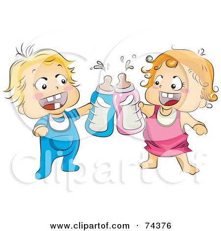 Royalty-Free (RF) Clipart Illustration of Two Happy Blond Babies Toasting With Bottles by BNP Design Studio