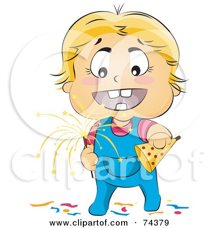Royalty-Free (RF) Clipart Illustration of a Blond Baby Holding A Party Hat And Sparkler by BNP Design Studio