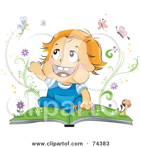 Royalty-Free (RF) Clipart Illustration of a Blond Baby Reading A Book About Butterflies And Fairies by BNP Design Studio