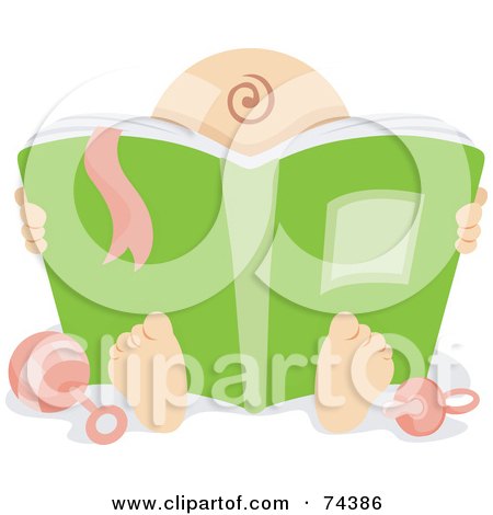 Royalty-Free (RF) Clipart Illustration of a Baby With A Single Curl, Reading A Big Green Book by BNP Design Studio