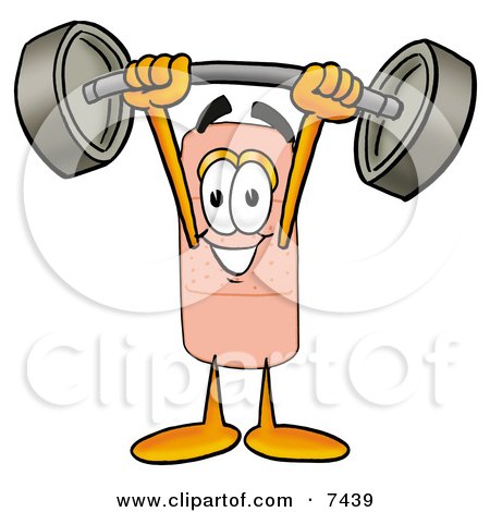 Clipart Picture of a Bandaid Bandage Mascot Cartoon Character Lifting a Heavy Barbell by Mascot Junction
