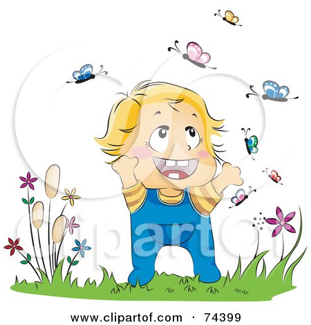 Royalty-Free (RF) Clipart Illustration of a Blond Baby Chasing Butterflies by BNP Design Studio