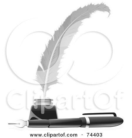 Royalty-Free (RF) Clipart Illustration of a Black 3d Pen By A Feather In An Ink Well by BNP Design Studio